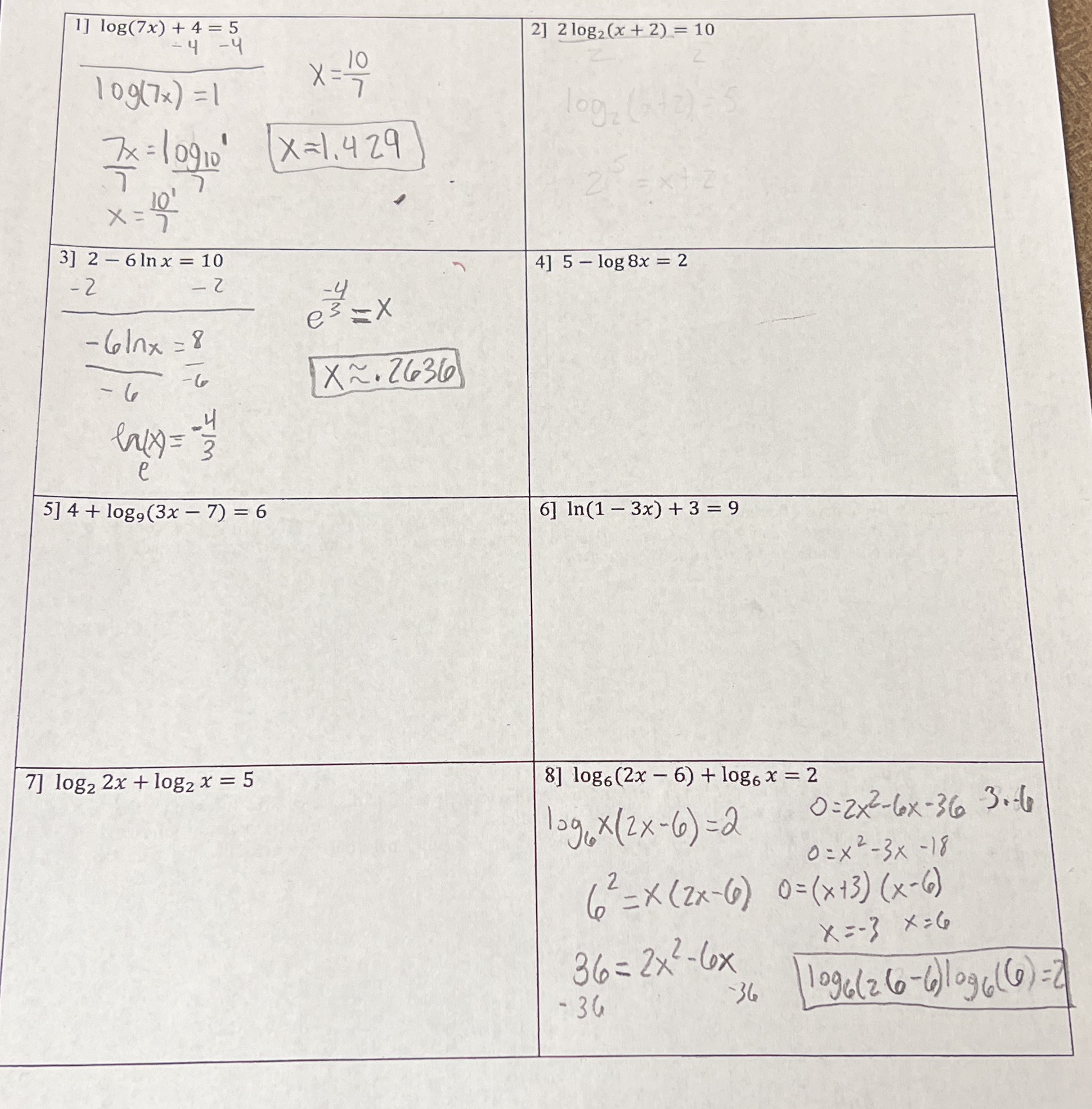  Help please 1] log(7x) + 4 = 5 2] 2 10g2