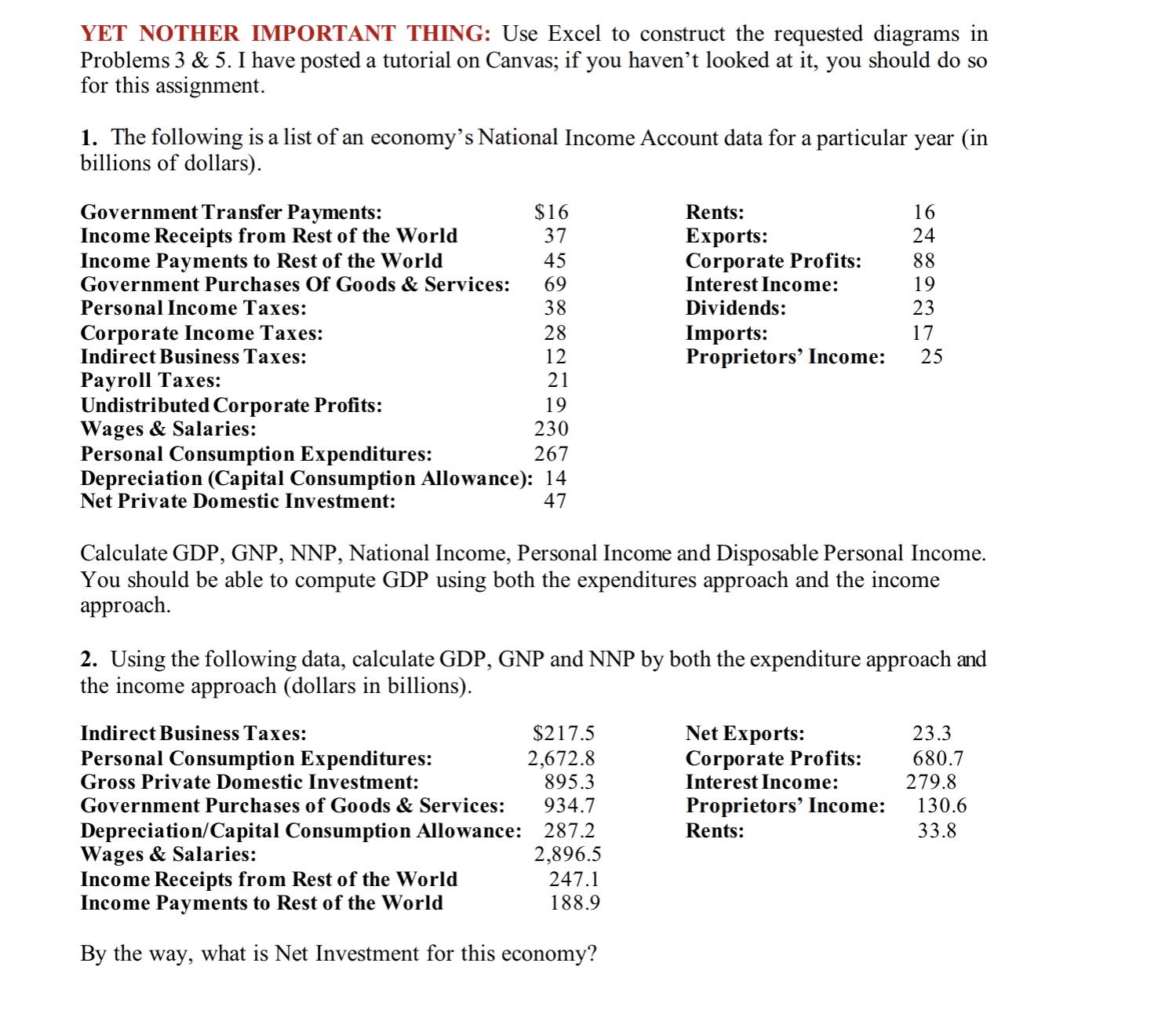 assignment. 1. The following is a list of an economy's National Income