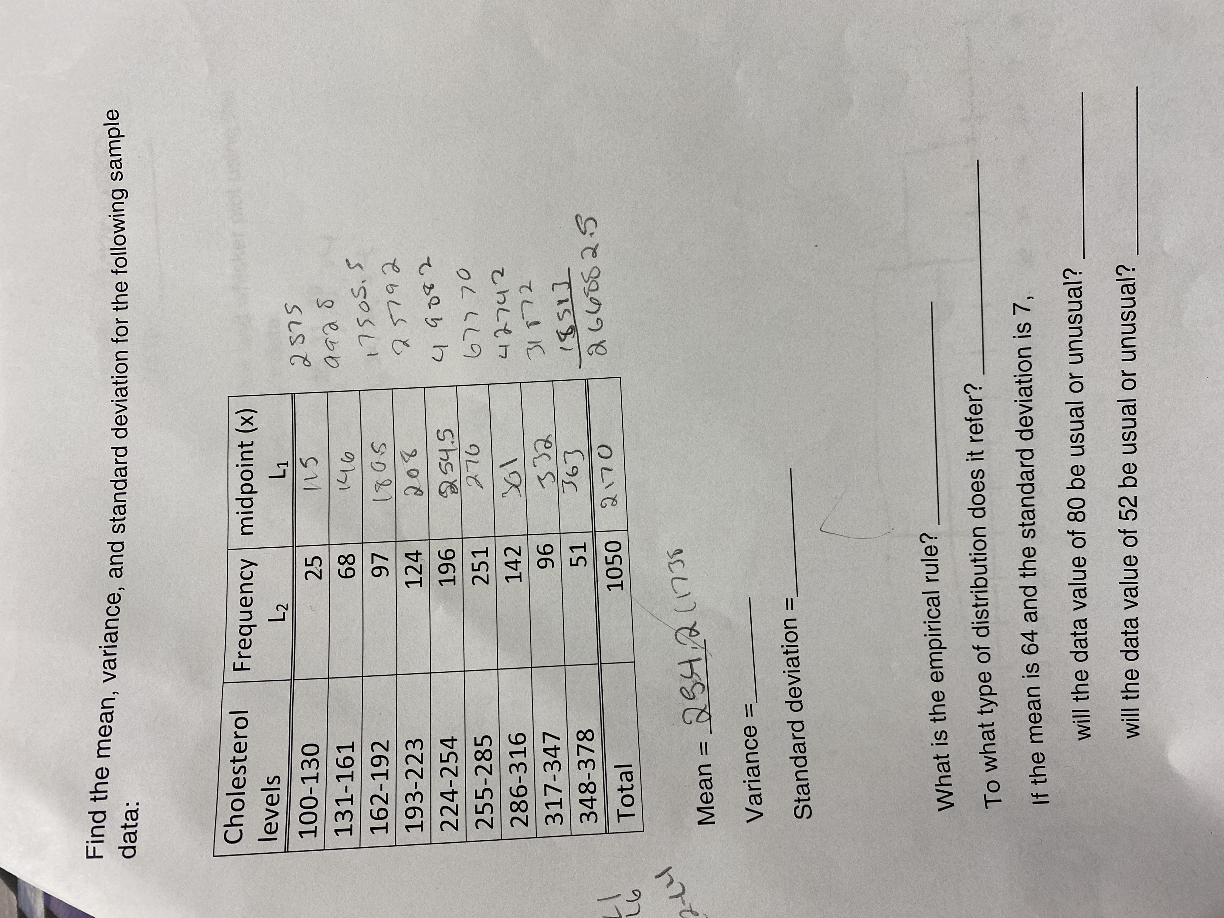 data: Find the mean, variance, and standard deviation for the following