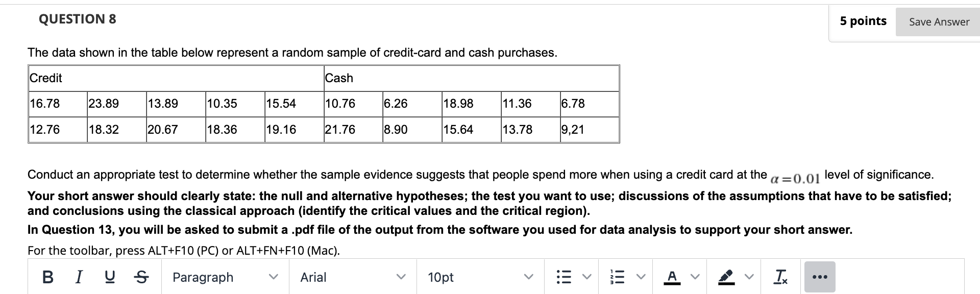 random sample of credit-card and cash purchases. Credit Cash 16.78 23.89 13.89