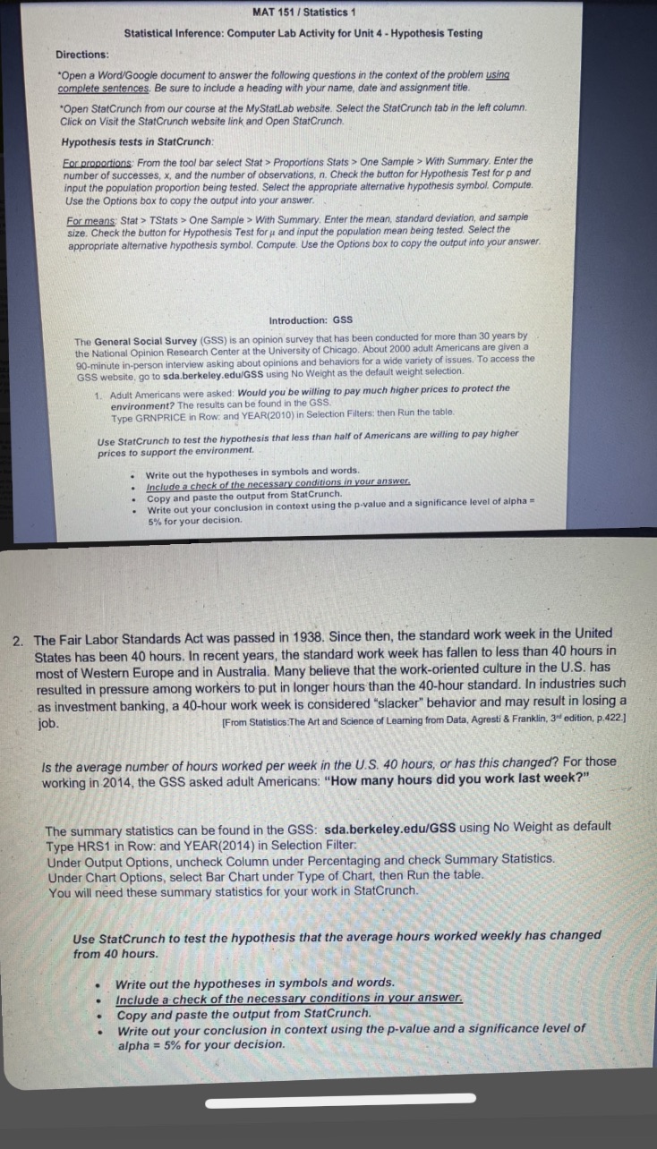 Unit 4 - Hypothesis Testing Directions: Open a Word/Google document to answer