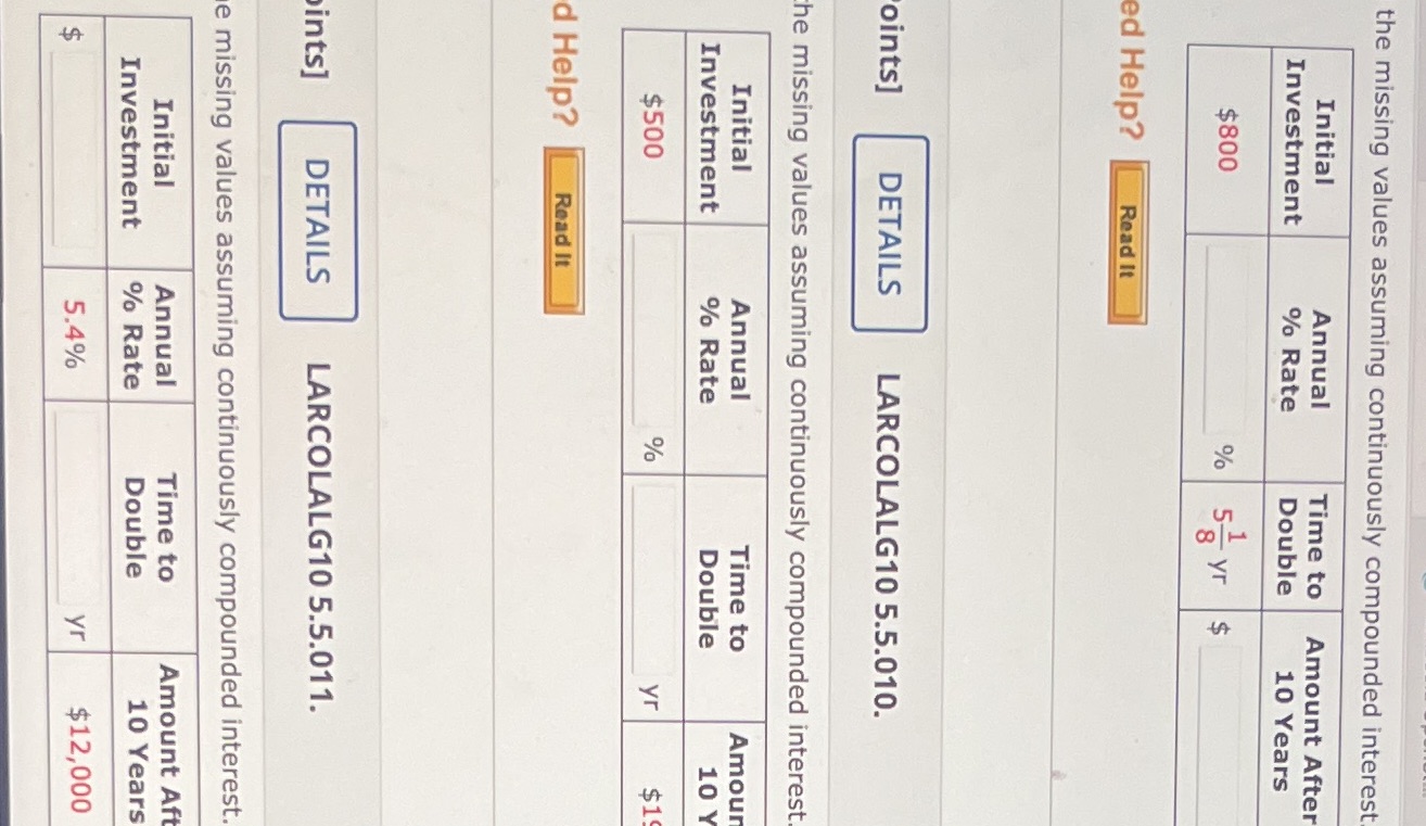  the missing values assuming continuously compounded interest Initial Annual Time to