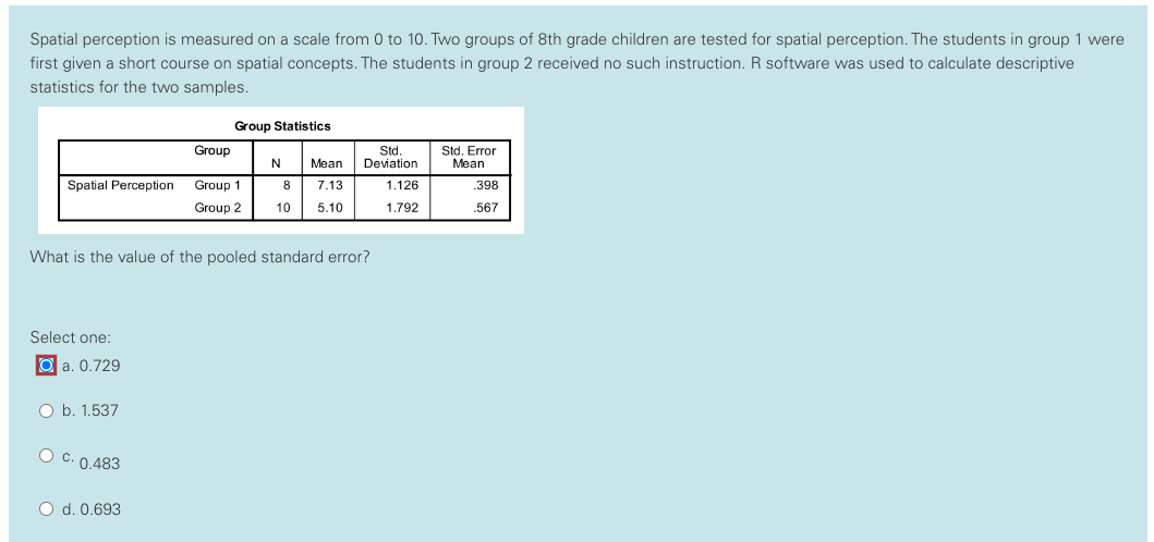 Two groups of 8th grade children are tested for spatial perception. The