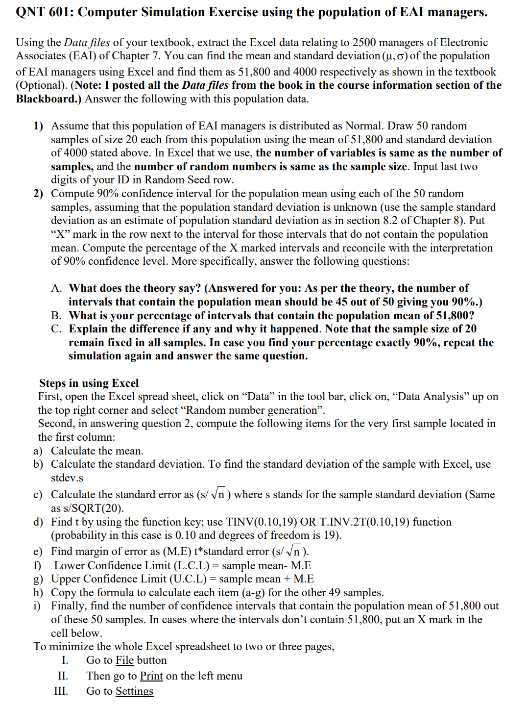  QNT 601: Computer Simulation Exercise using the population of EAI managers.