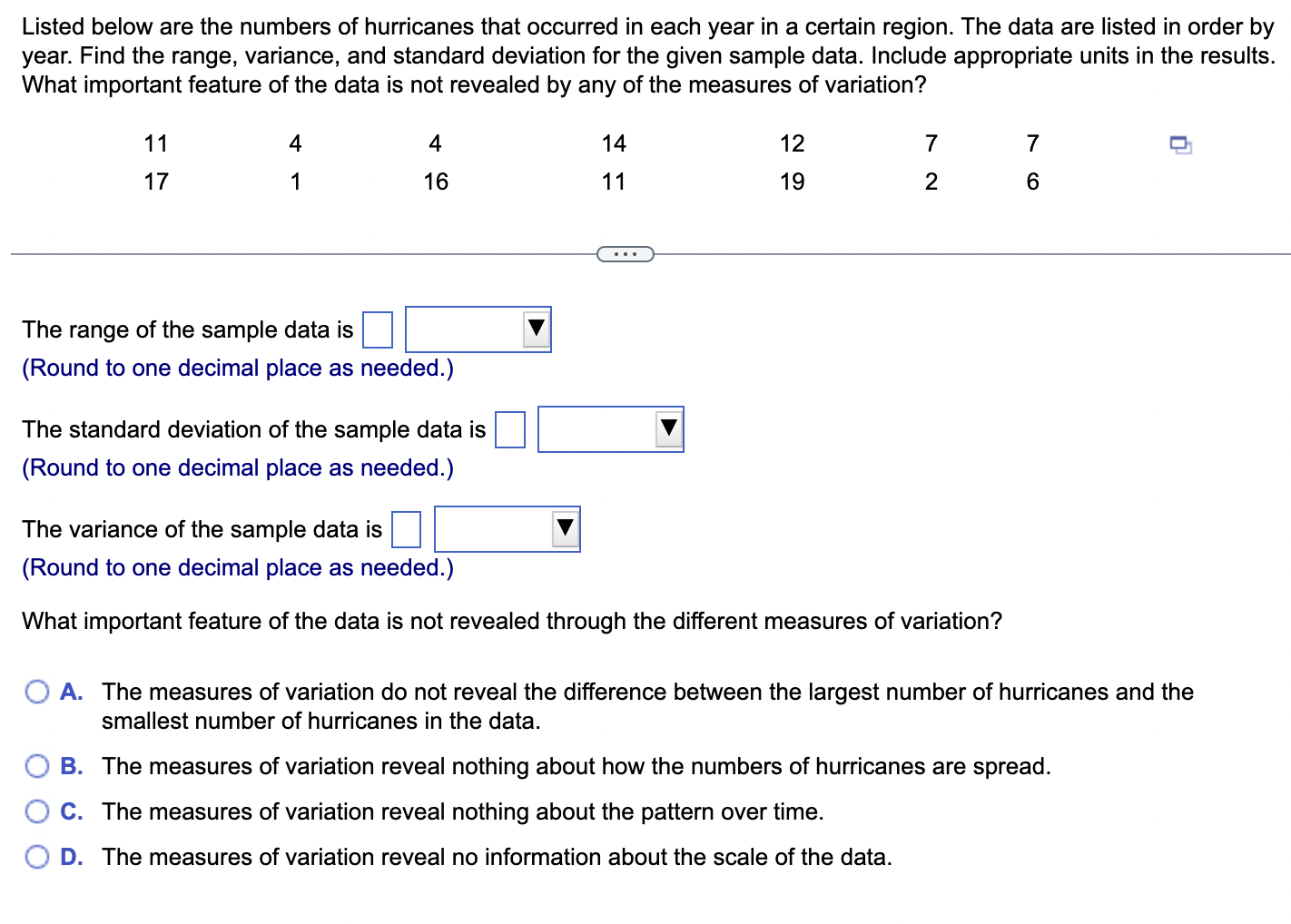 sample data. Include appropriate units in the results. What important feature of
