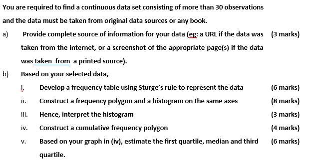 more than 30 observations and the data must be taken from original