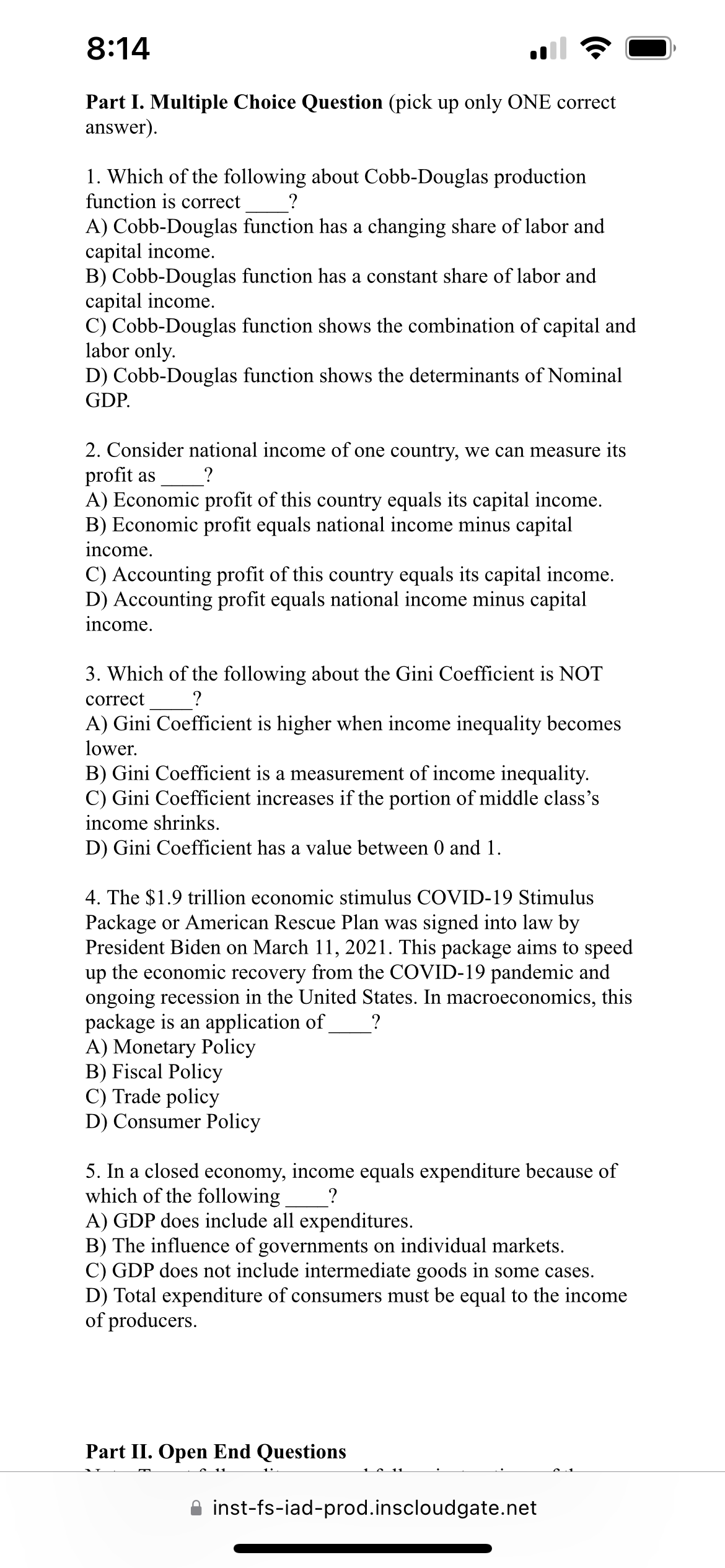  8:14 | ? -l Part I. Multiple Choice Question (pick up