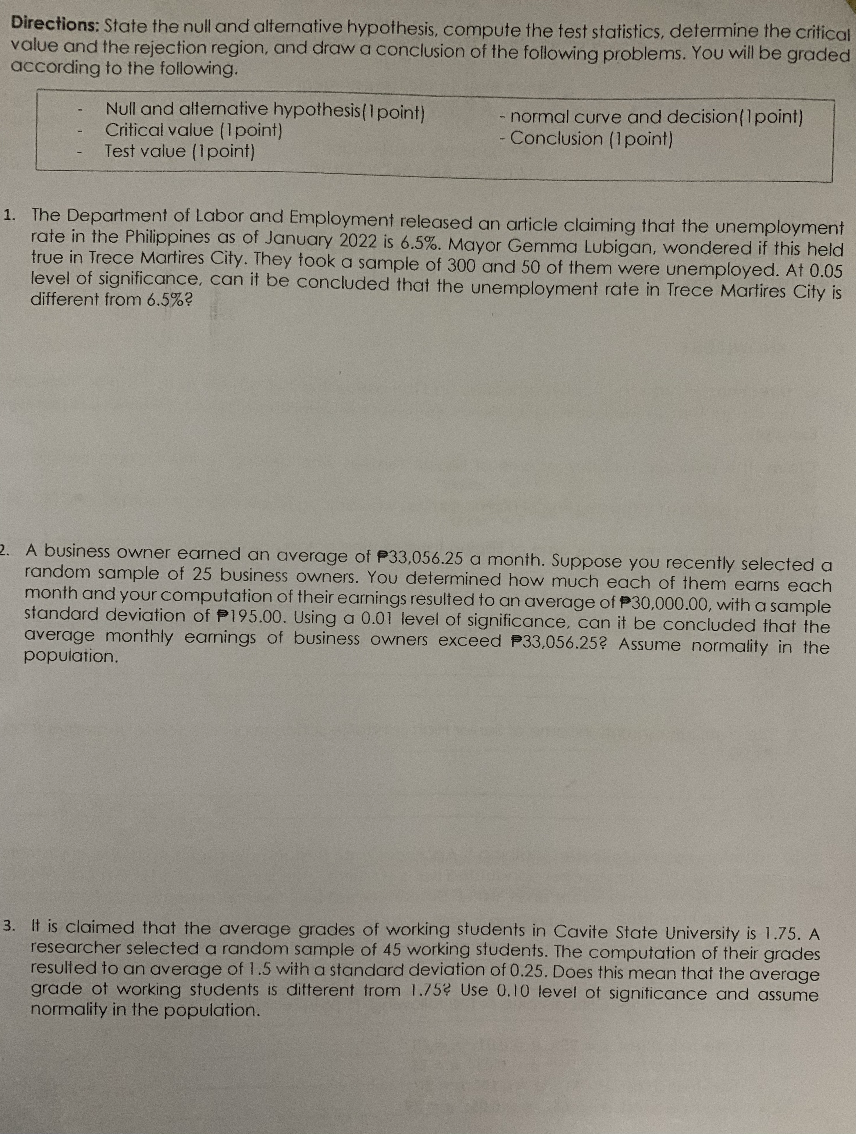 Write your answer on the space provided. (6 points) Example: Claim: The