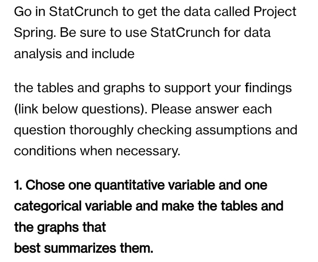 here Go in StatCrunch to get the data called Project Spring. Be