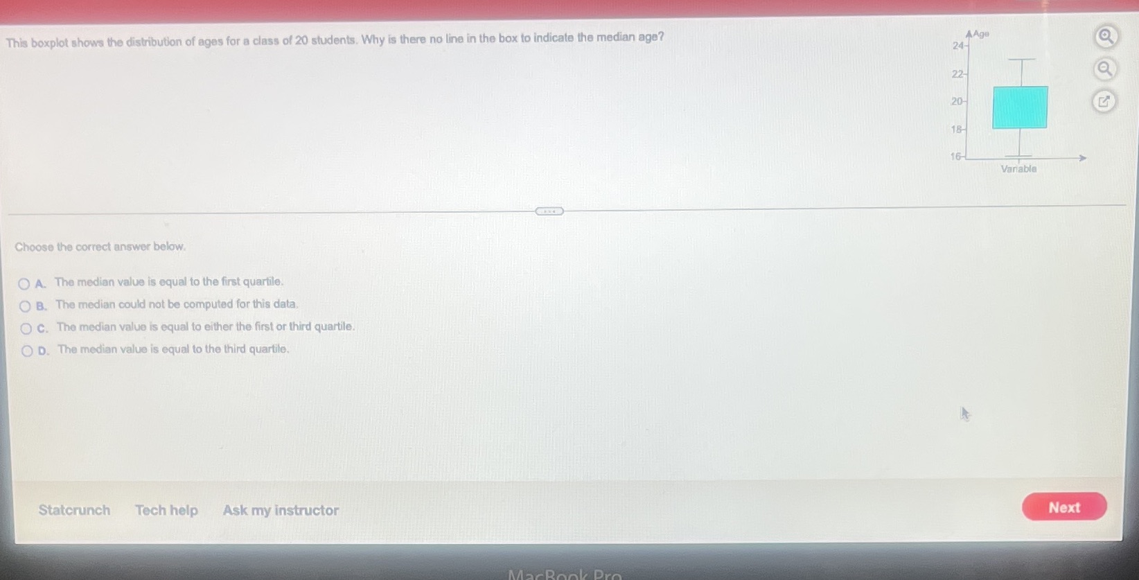  This boxplot shows the distribution of ages for a class of