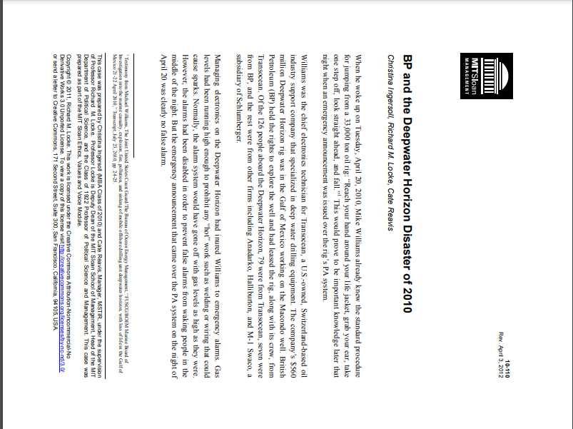  Describe theBP and theDeepwaterHorizon Disaster of 2010case study and the leading