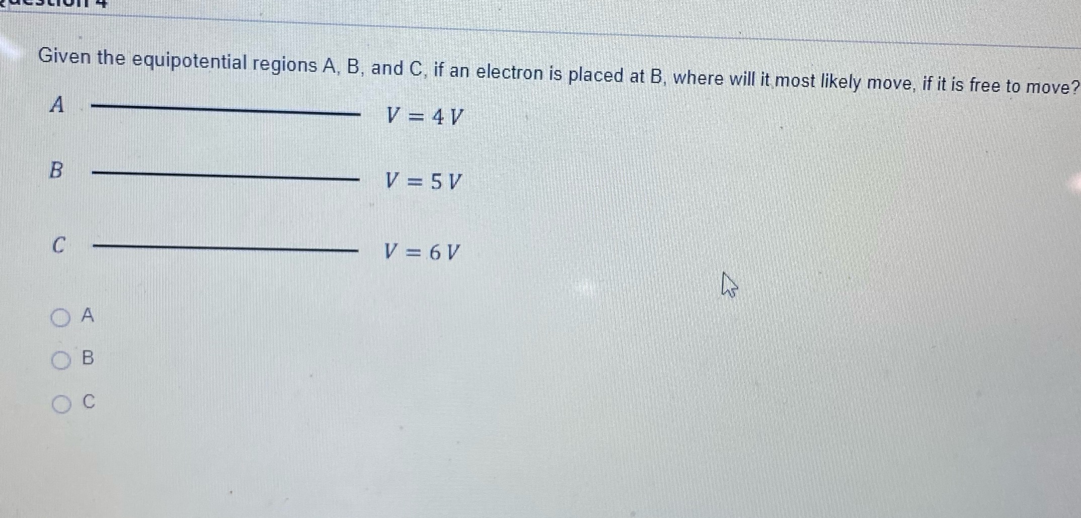 Given the equipotential regions A, B, and C, if an electron