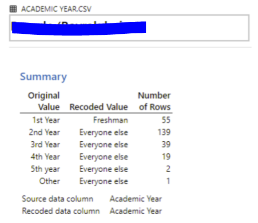 ACADEMIC YEARCSV Summary Original Value Recoded Value 1st Year 2nd Year 3rd