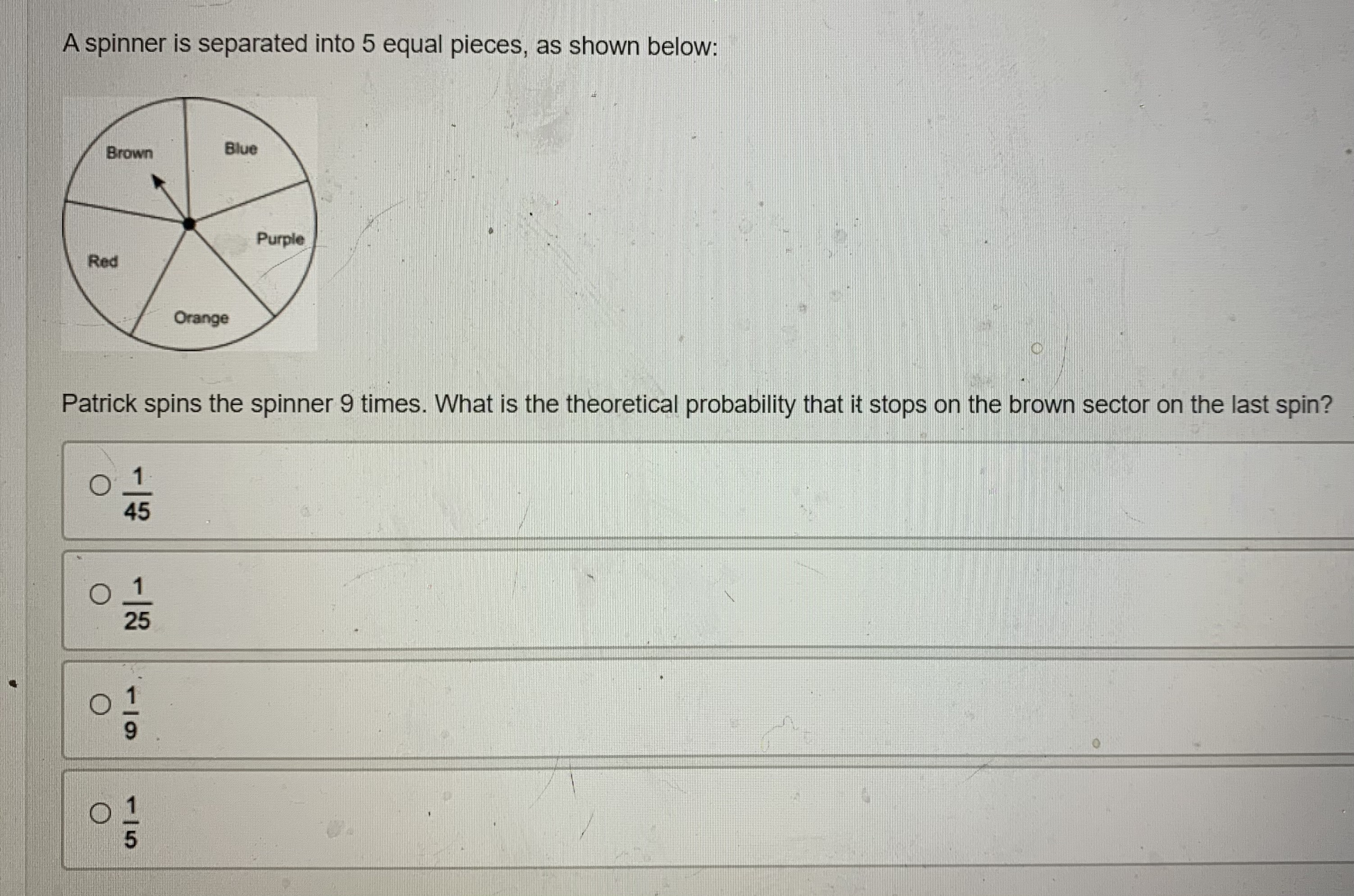  A spinner is separated into 5 equal pieces, as shown below: