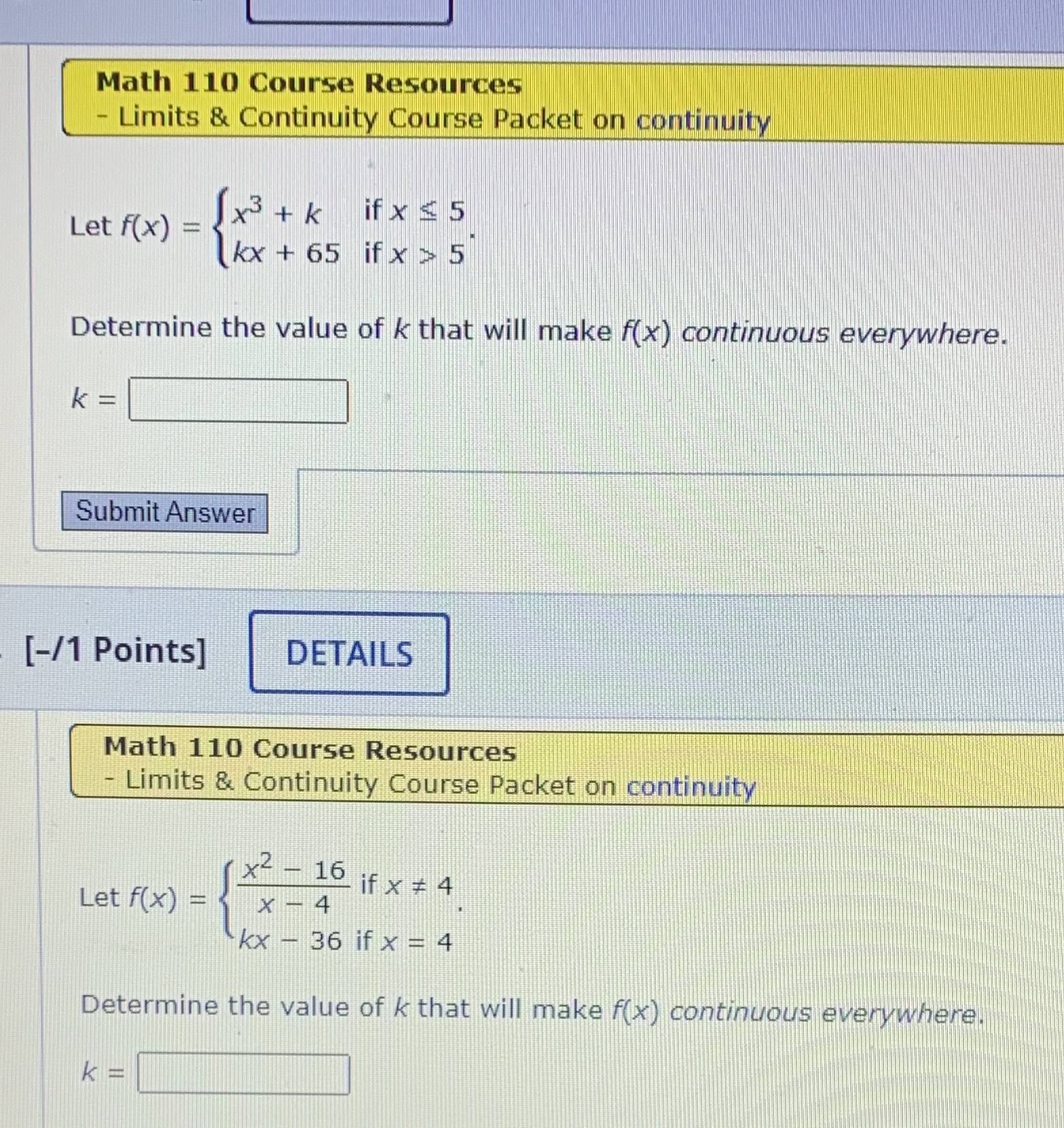 continuity Let f ( x ) = > + k ifx $