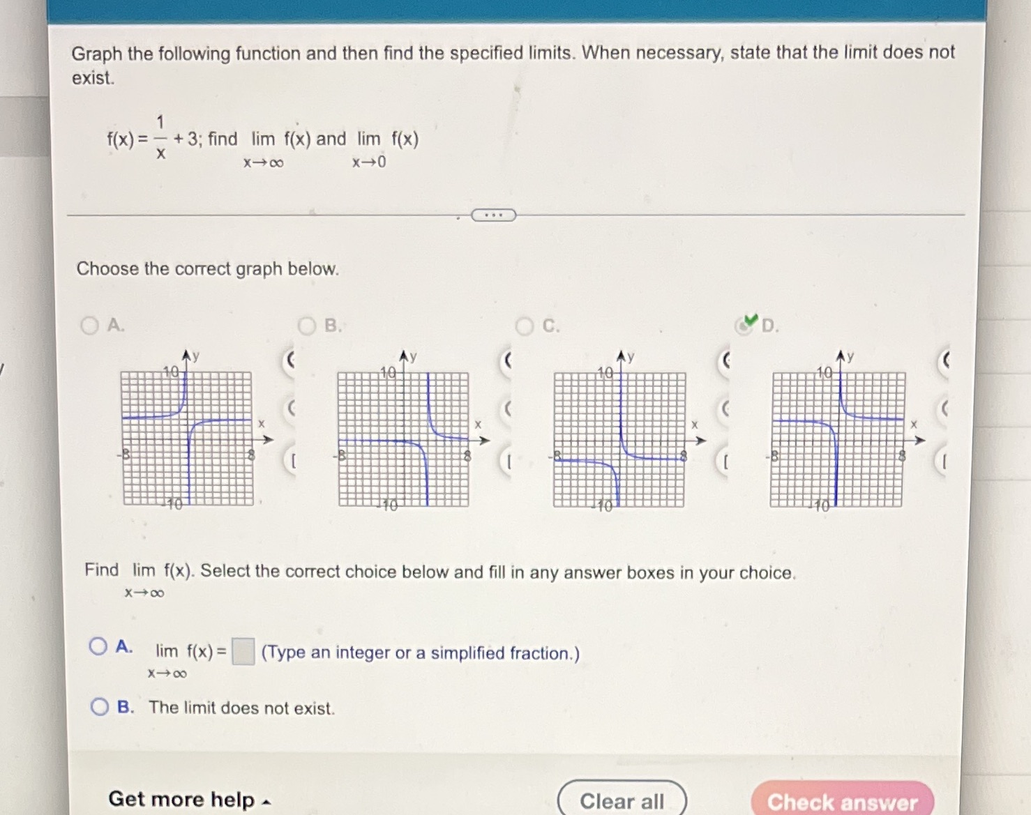  Graph the following function and then find the specified limits. When