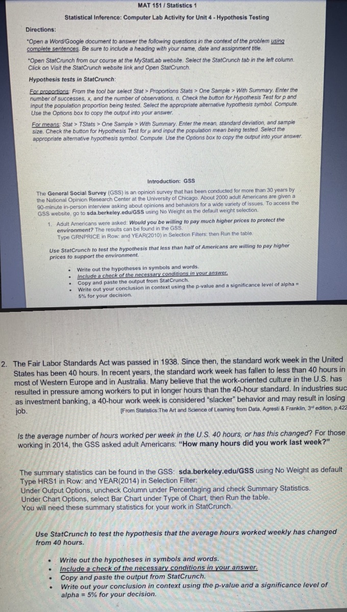  MAT 151 / Statistics 1 Statistical Inference: Computer Lab Activity for
