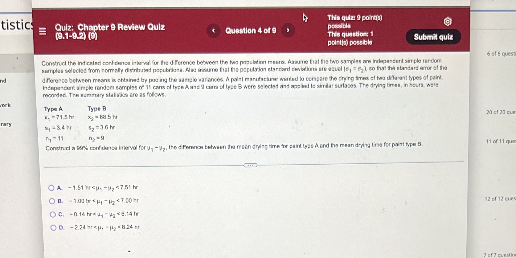 possible (9.1-9.2) (9) Question 4 of 9 This question: 1 point(s) possible