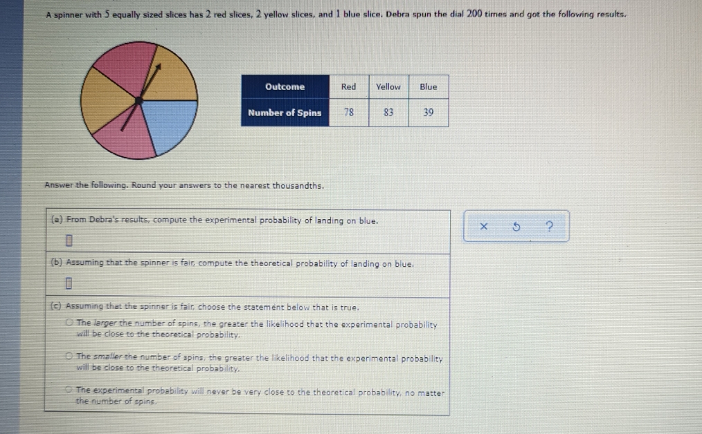 2 red slices, 2 yellow slices, and 1 blue slice. Debra spun