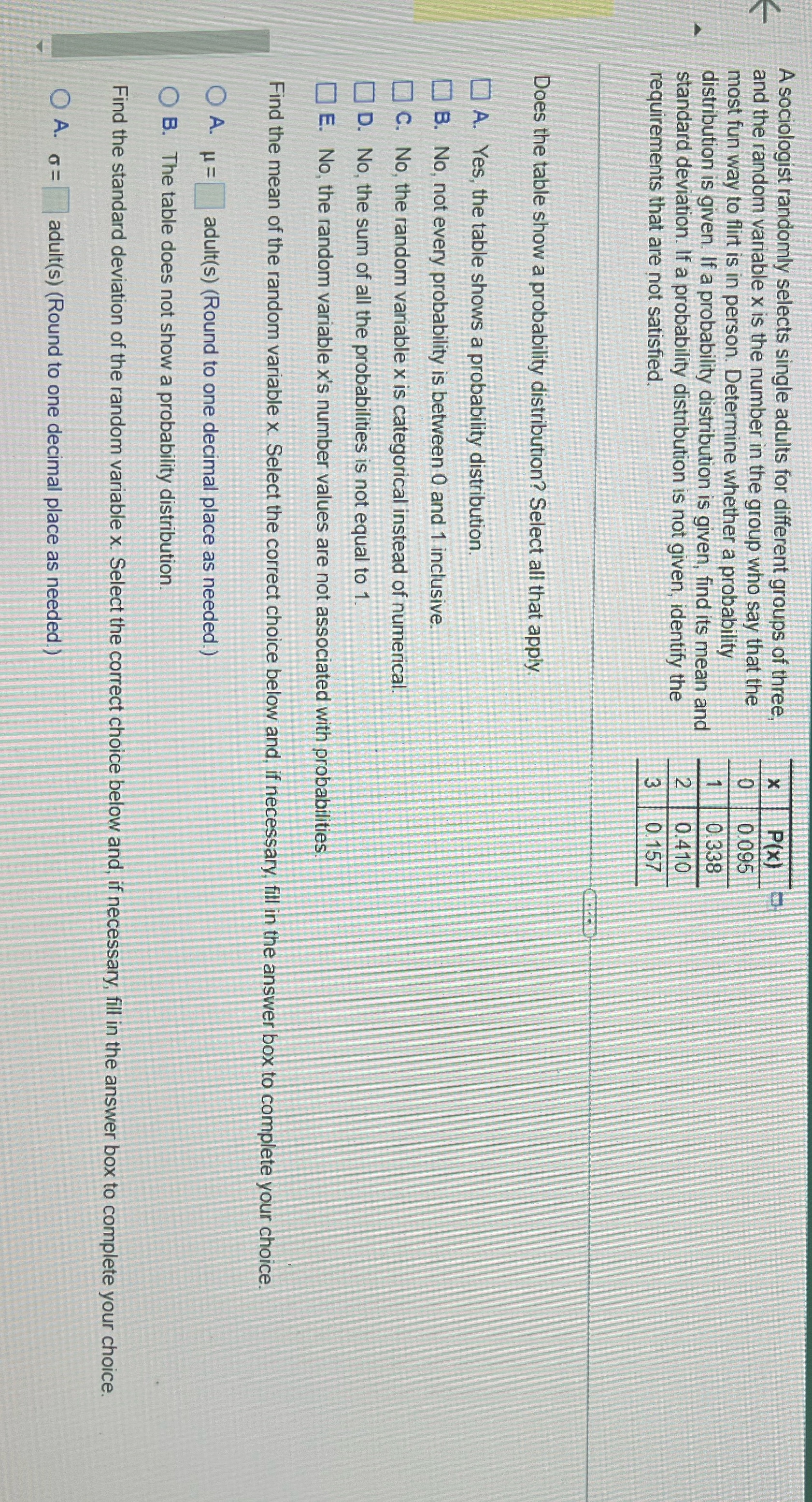 selects single adults for different groups of three, X P(X) and the