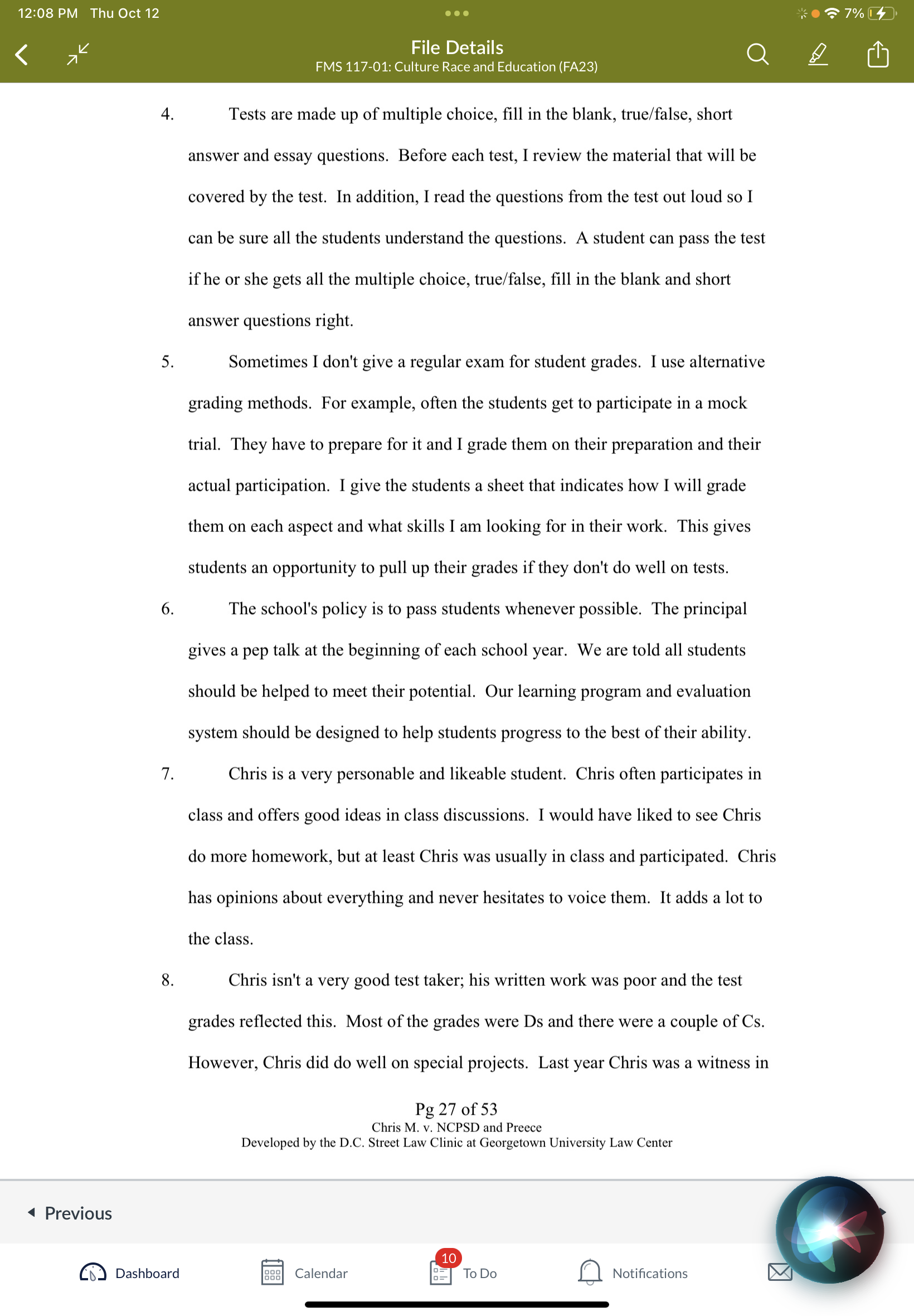 ('5') Dashboard Afdavit of Leslie Brown Teacher, New Columbia Senior High School