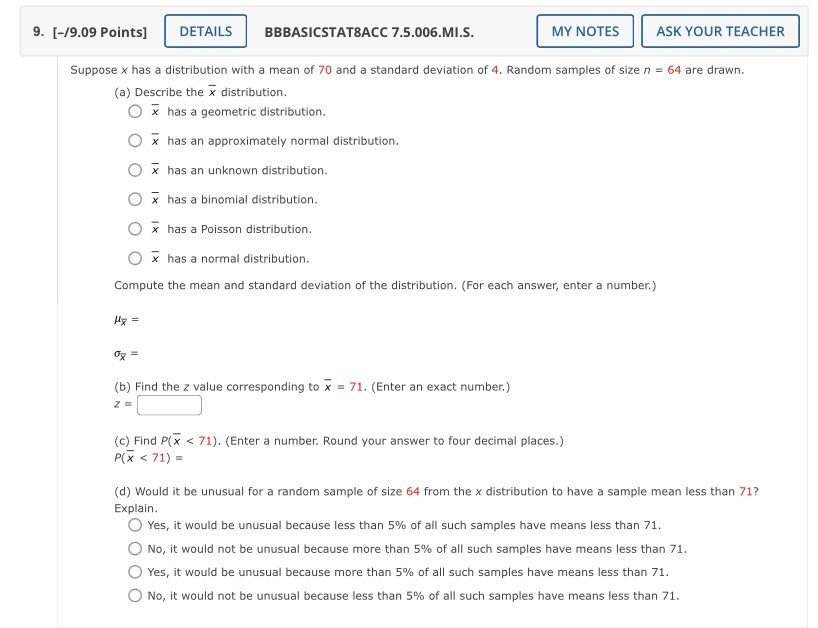 Suppose x has a distribution with a mean of 70 and a