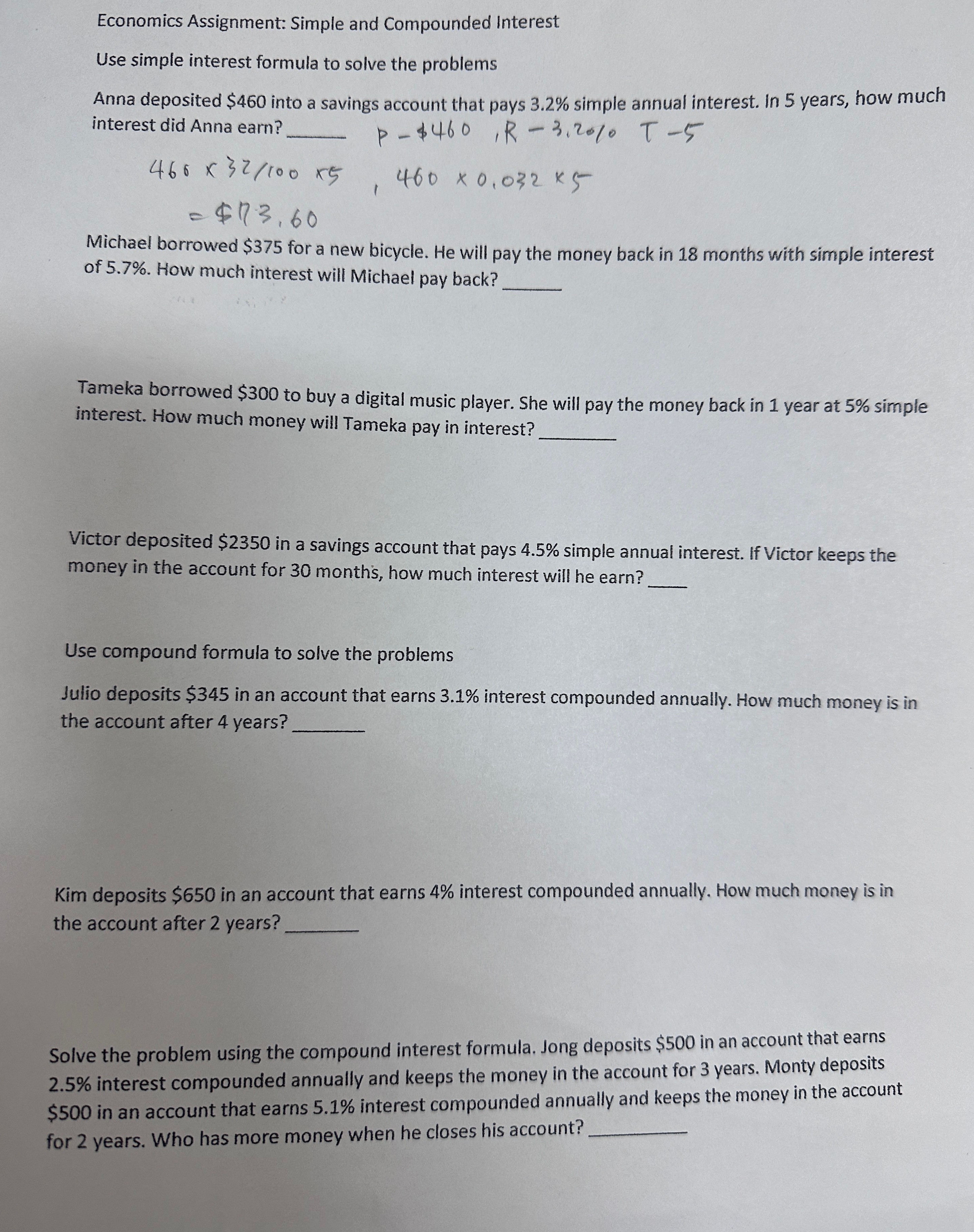 solve the problems Anna deposited $460 into a savings account that pays