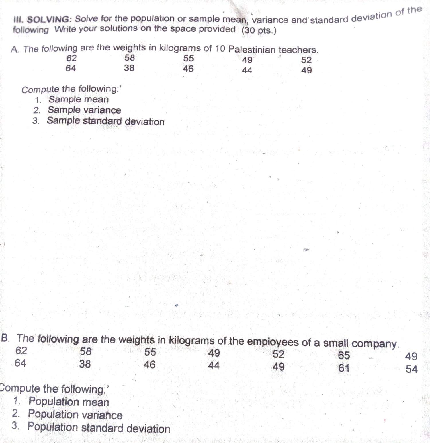 III. SOLVING: Solve for the population or sample mean, variance and