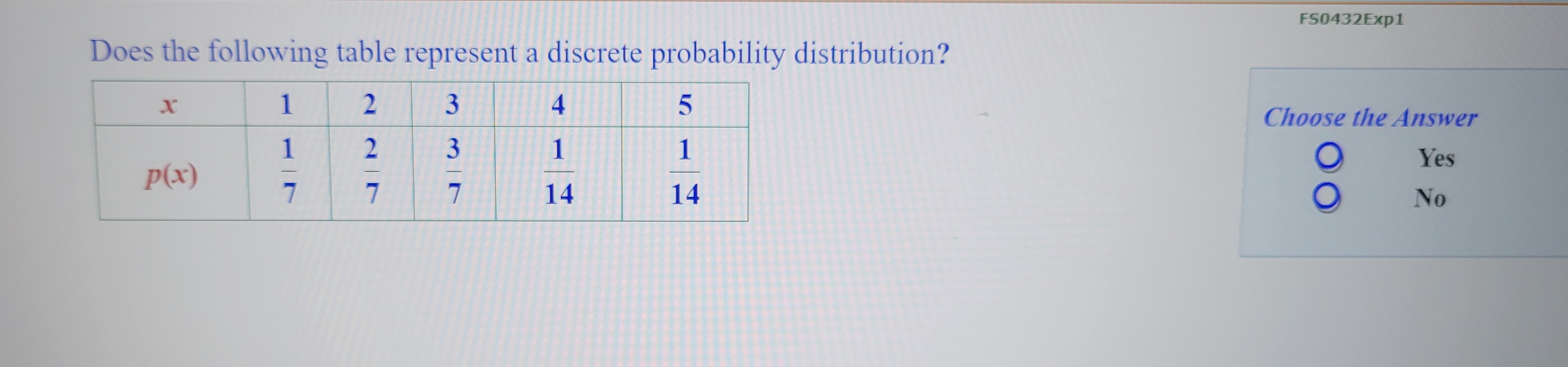 F50432Exp1 Does the following table represent a discrete probability distribution? X