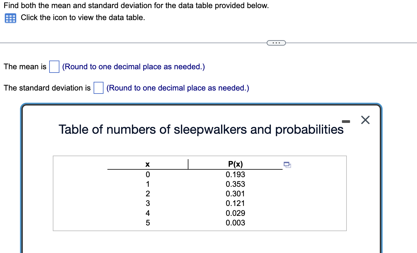 Find both the mean and standard deviation for the data table