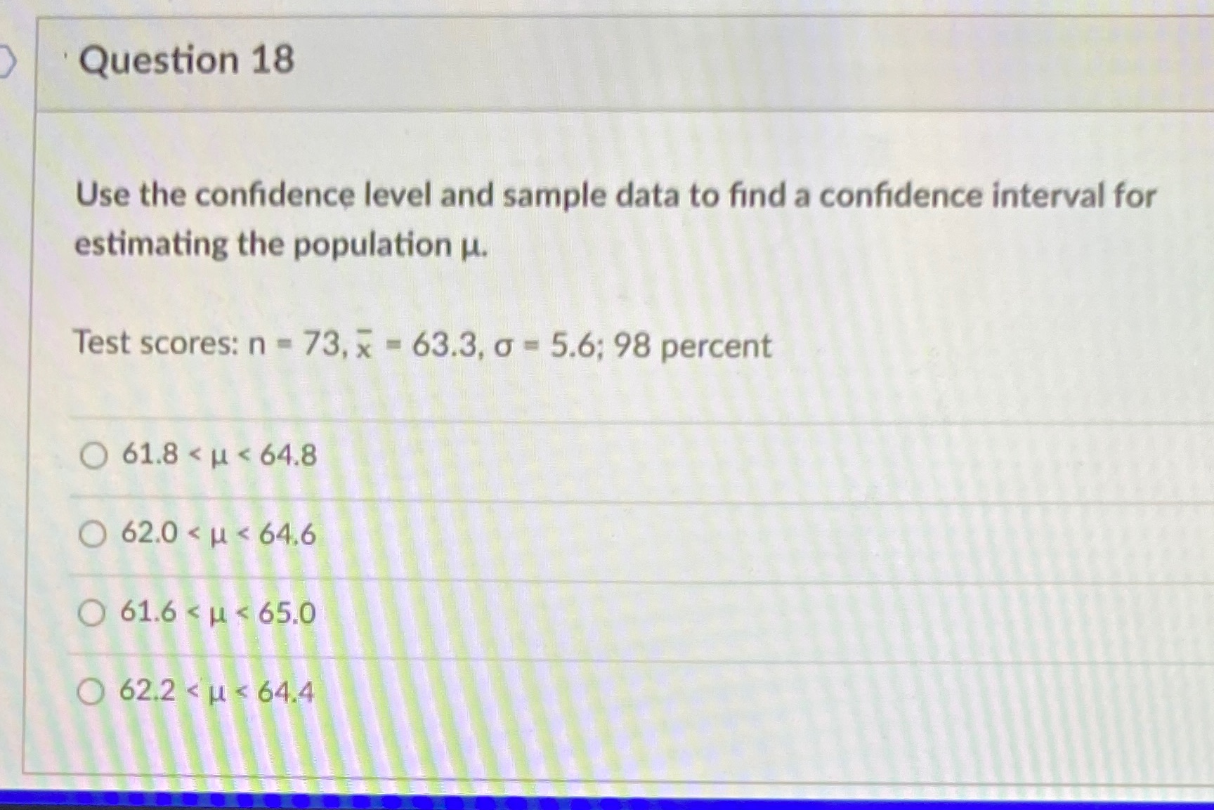 a confidence interval for estimating the population H. Test scores: n =