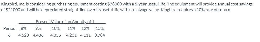 life. The equipment will provide annual cost savings of $21000 and will