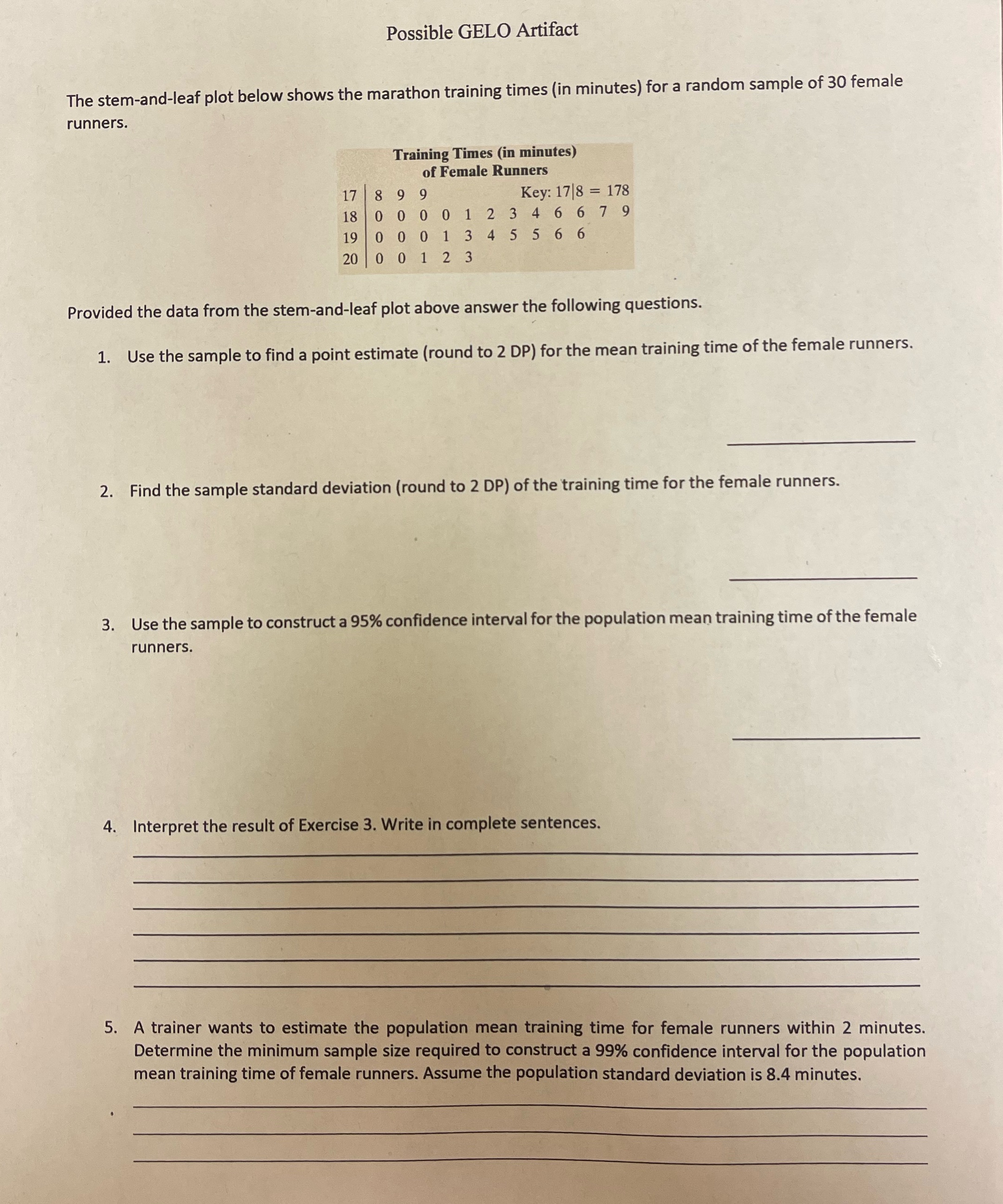 times (in minutes) for a random sample of 30 female runners. Training