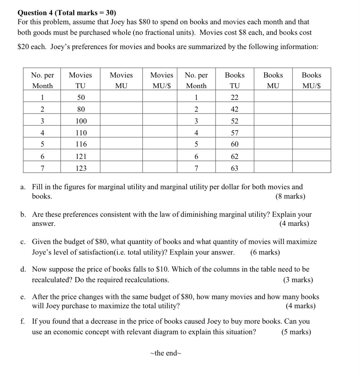  Question 4 (Total marks = 30) For this problem, assume that