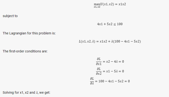 x2,1) = x1x2 + A(100 - 4x1 - 5x2) The first-order conditions