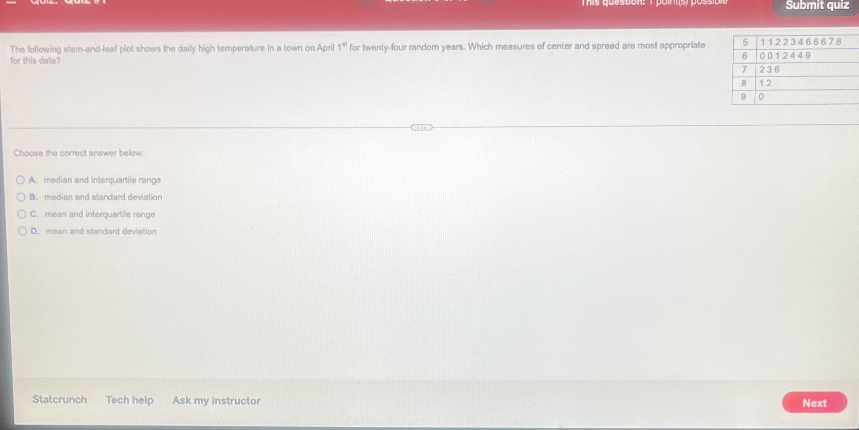 This question Submit quiz The following stem-and-leaf plot shows the daily