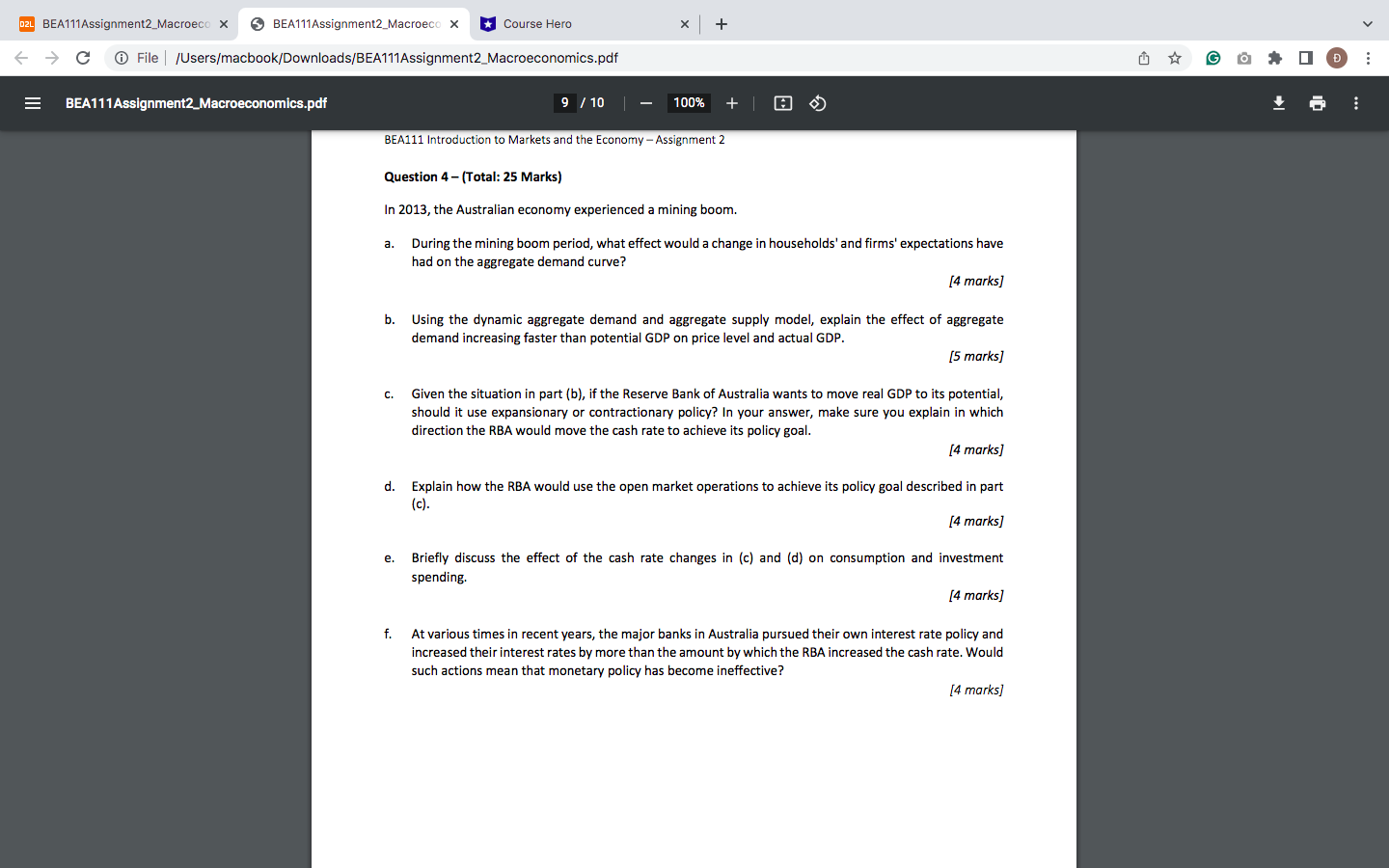 v & @ File | /Usersimacbook/Downloads/BEA111Assignment2_Macroeconomics.pdf Mo @ N 0O o :