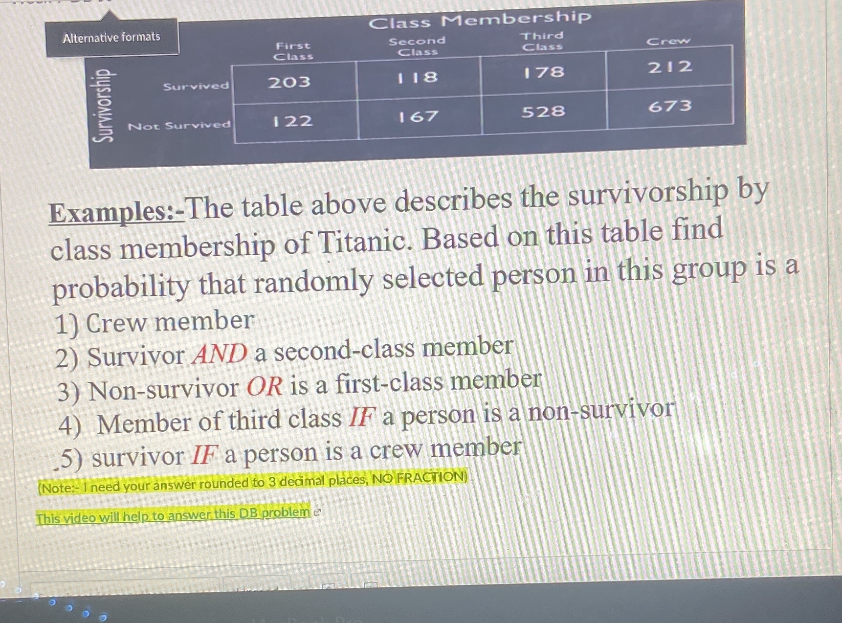 Alternative formats Class Membership First Second Third Class Class Class Crew
