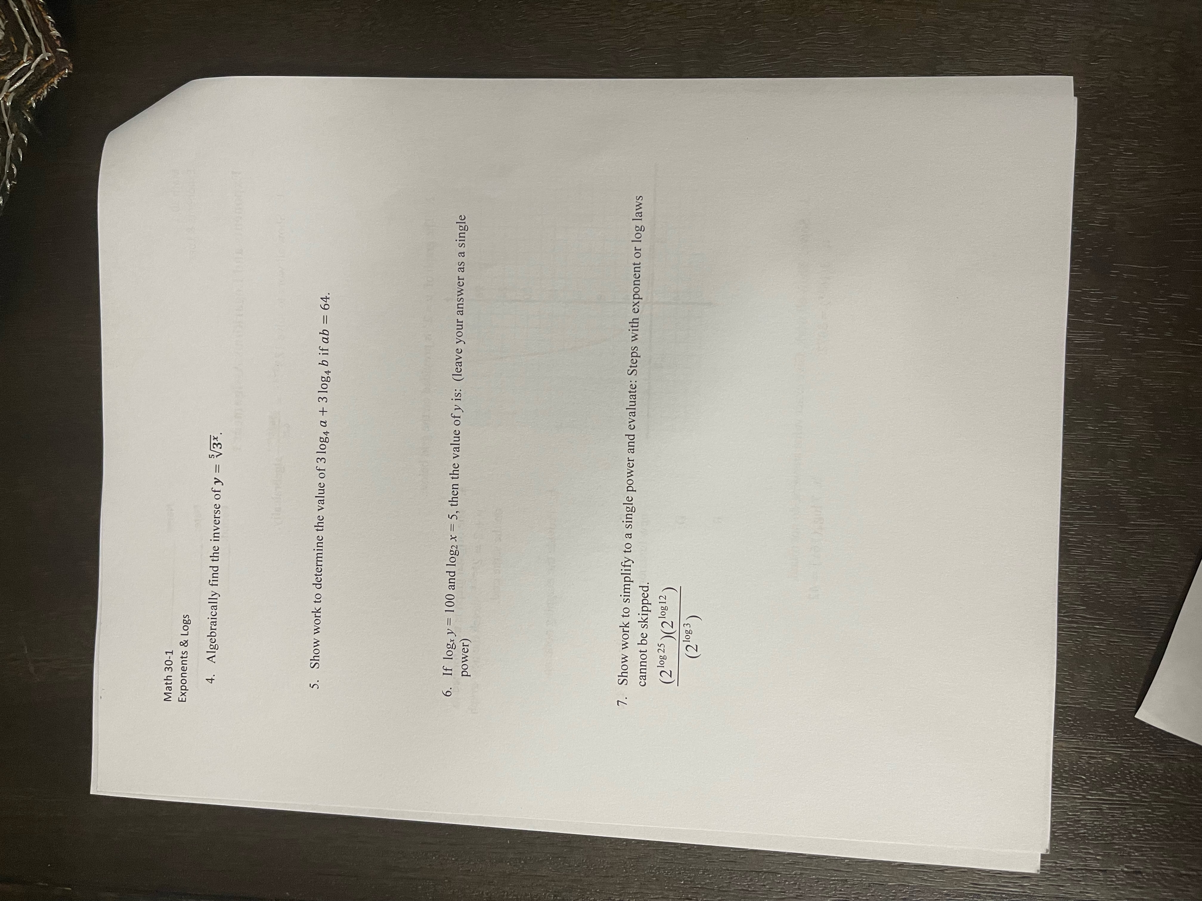 and Logarithms Assignment 1 Period: 1. Show all work to solve 1253x+2