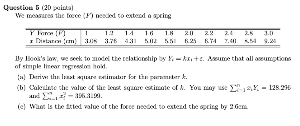 Question 5 (20 points) We measures the force (F) needed to