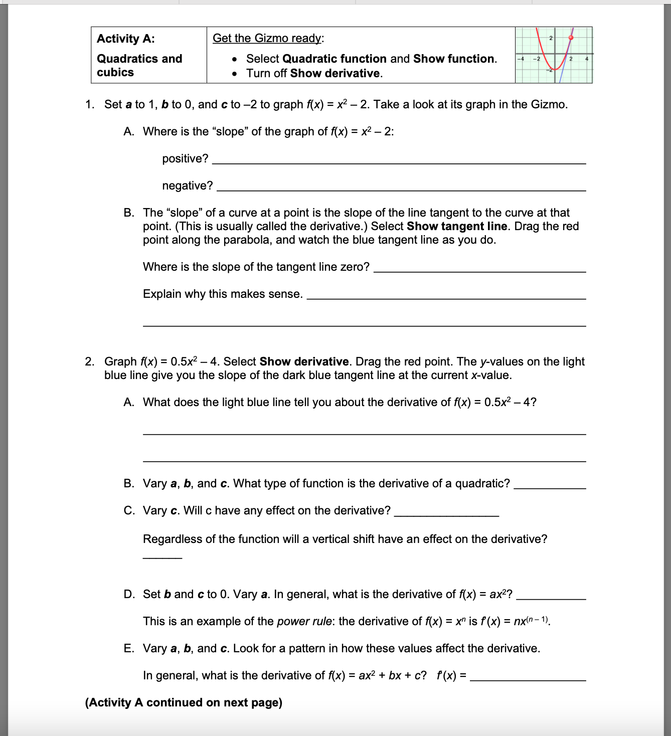 Activity A: tth izm r : Quadratics and - Select Quadratic
