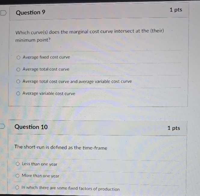 D Question 9 1 pts Which curve(s) does the marginal cost