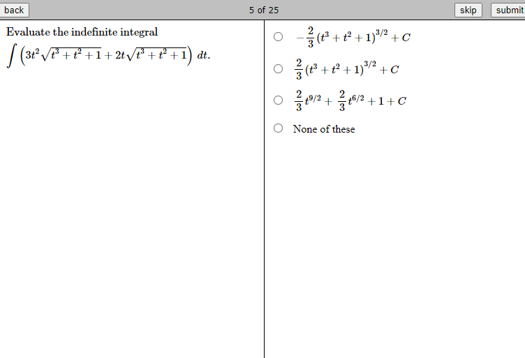 my.thinkwell.com/twtest/exercise.cfm back 4 of 25 skip submit Evaluate the integral. O -2sin