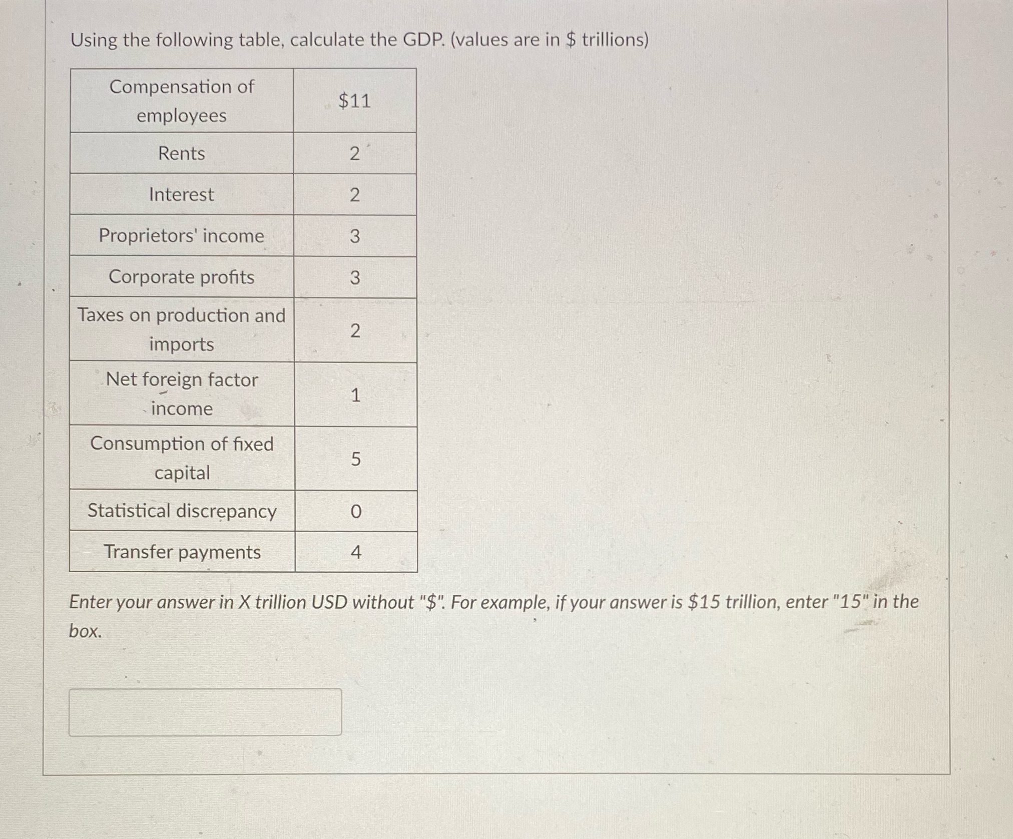  Please help me Using the following table, calculate the GDP. (values