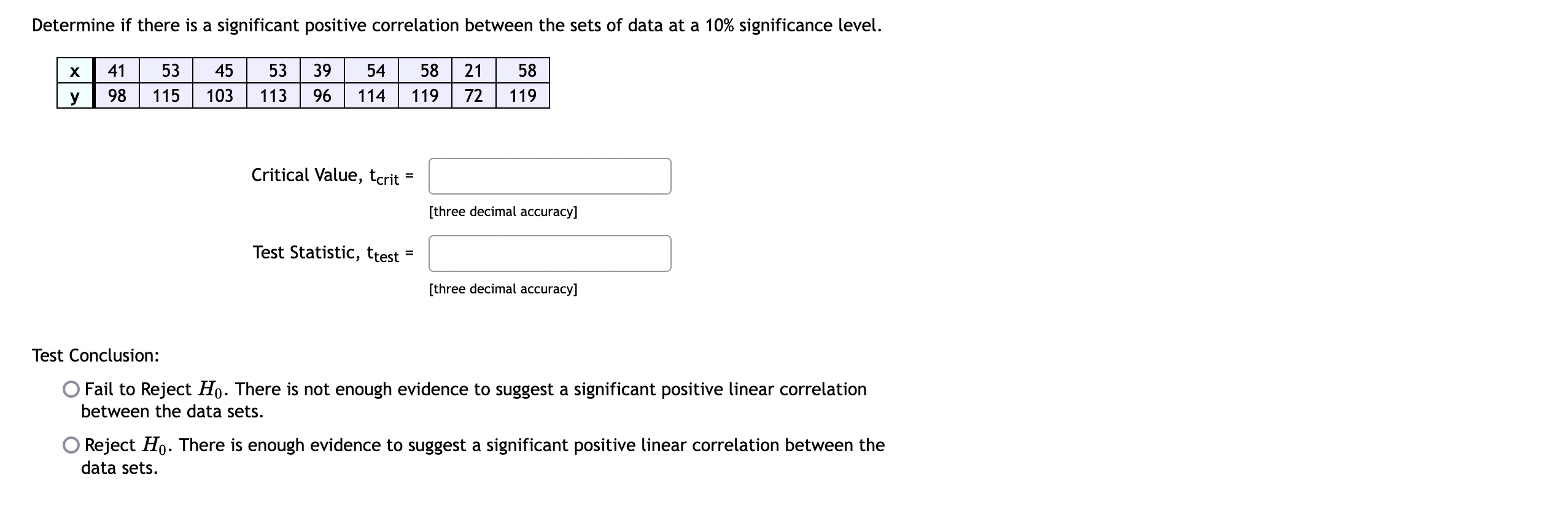 Conclusion: 0 Fail to Reject Ho. There is not enough evidence to