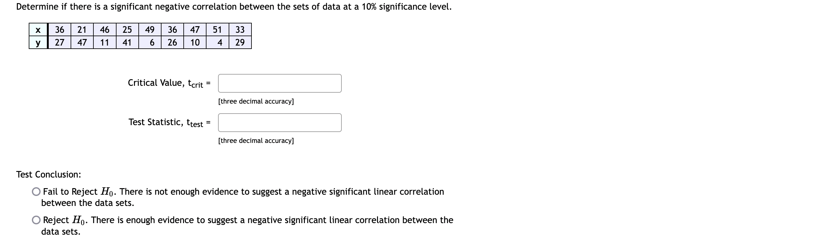 between the data sets. Calculate the correlation coefficient for the following data