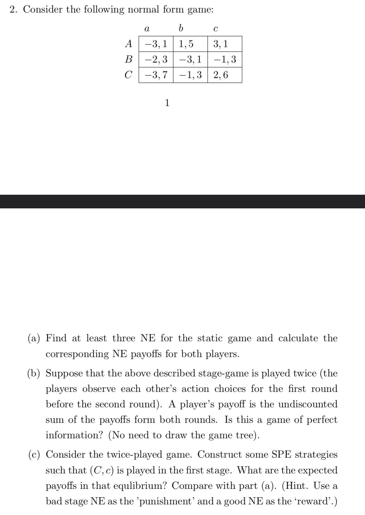 2. Consider the following normal form game: (a) (b) a, b
