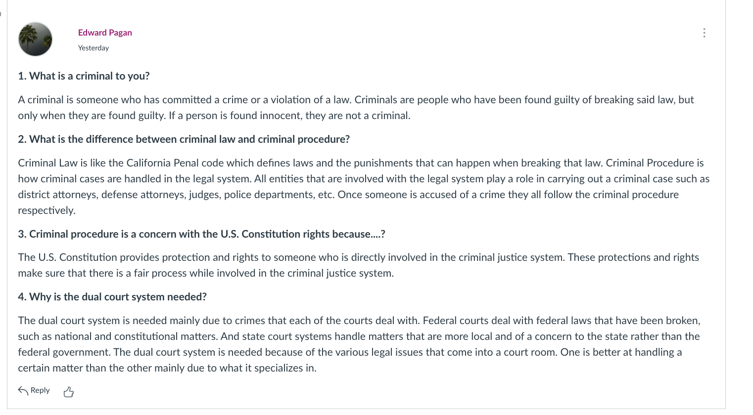  need help as to, "Respond to another student's post by explaining