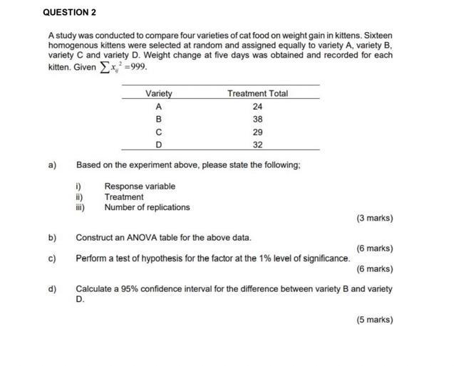  QUESTION 2 A study was conducted to compare four varieties of