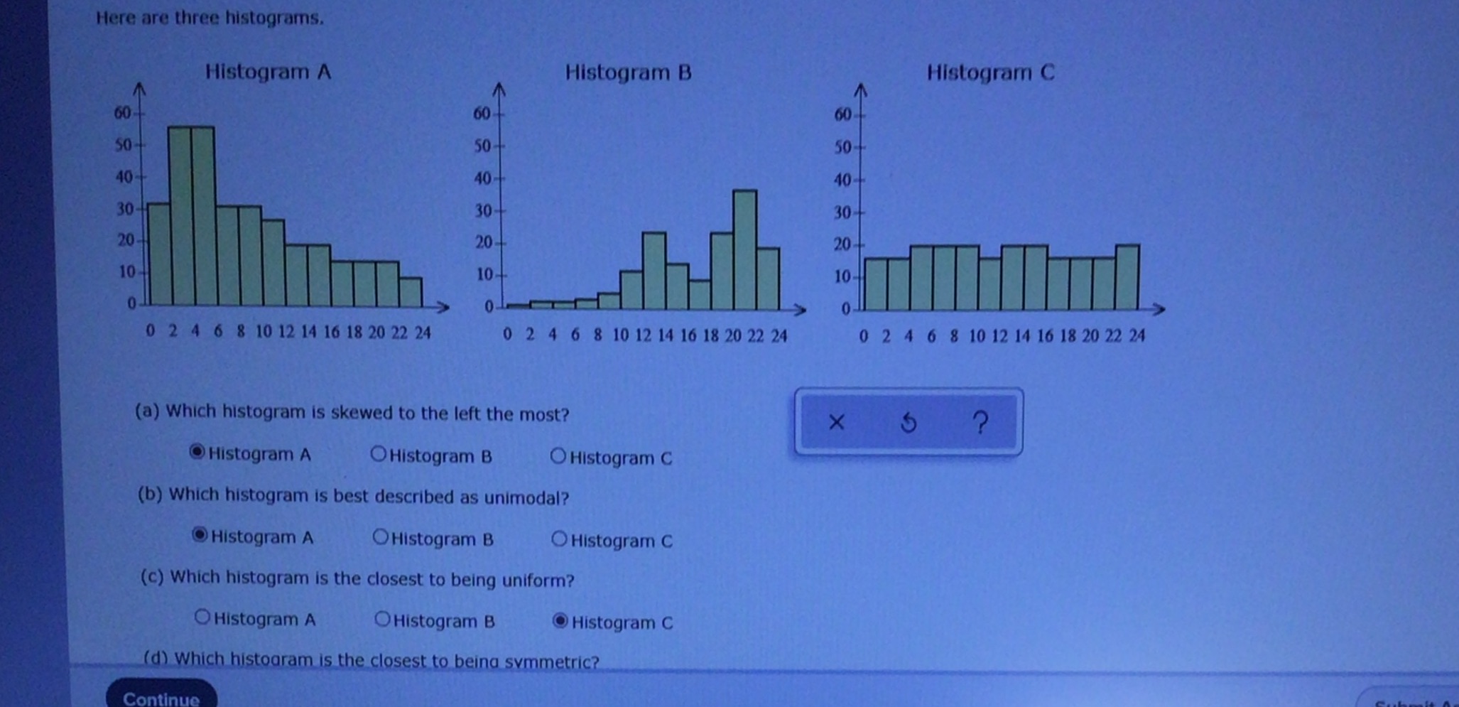 Here are three histograms. Histogram A Histogram B Histogram C 60